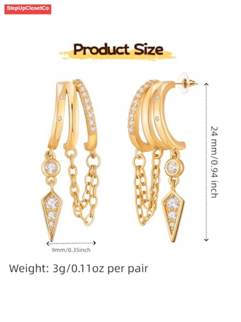14K Gold Plated Paperclip Link Dangle Earrings for Women - Hypoallergenic - Picture 3 of 6